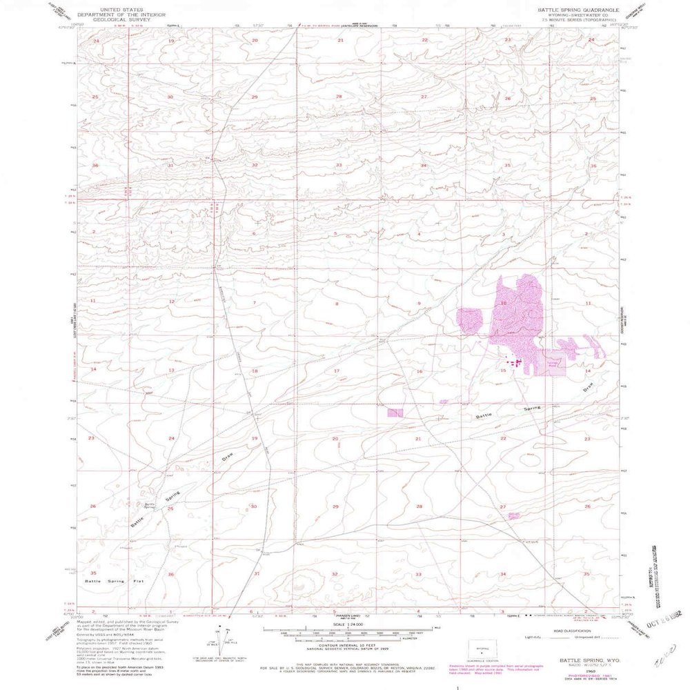 YellowMaps Battle Spring WY topo map, 1:24000 Scale, 7.5 X 7.5 Minute, Historical, 1960, Updated 1982, 26.8 x 21.6 in - Polypropylene