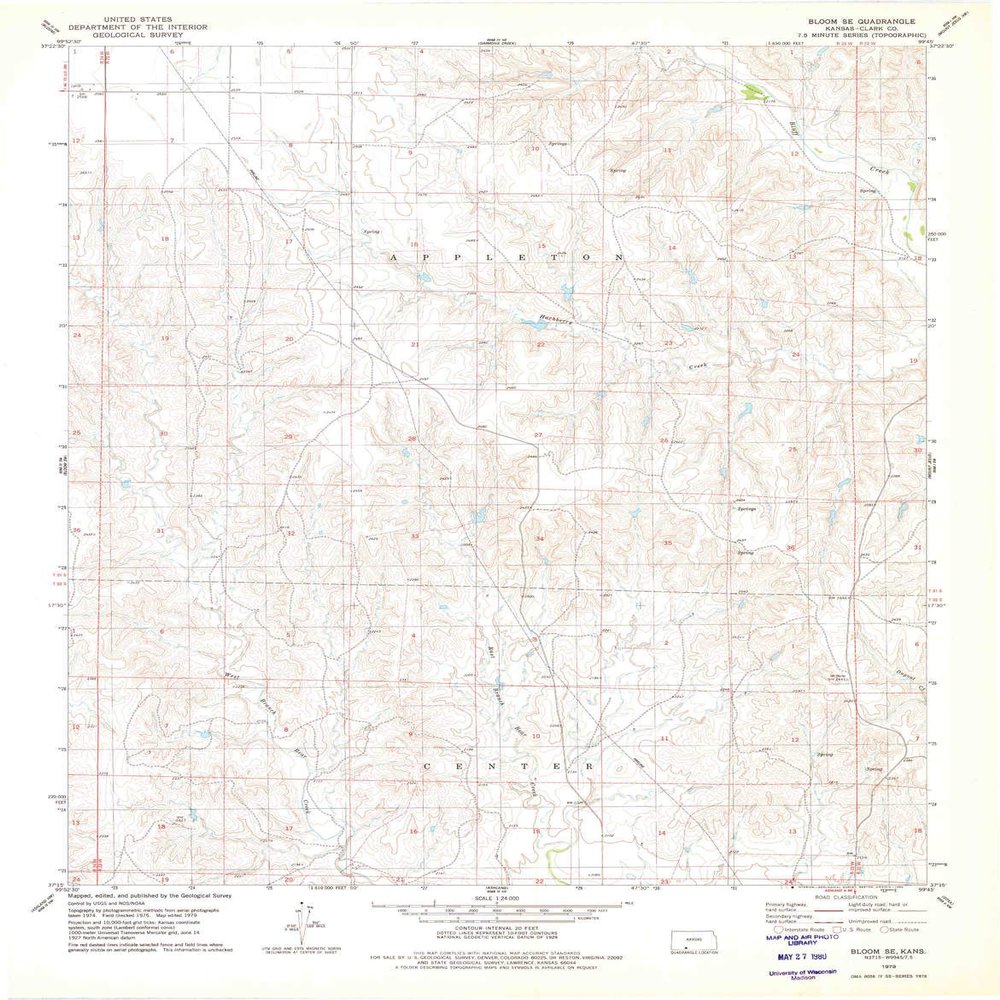 YellowMaps Bloom SE KS topo map, 1:24000 Scale, 7.5 X 7.5 Minute, Historical, 1979, Updated 1980, 27.13 x 21.18 in - Polypropylene