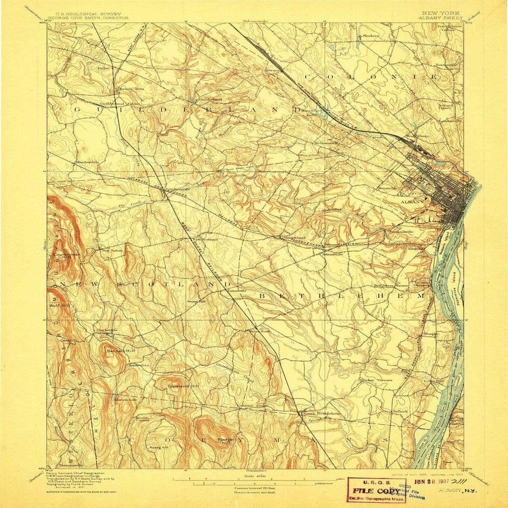 YellowMaps Albany NY topo map, 1:62500 Scale, 15 X 15 Minute, Historical, 1898, Updated 1907, 19.9 x 15.8 in - Tyvek