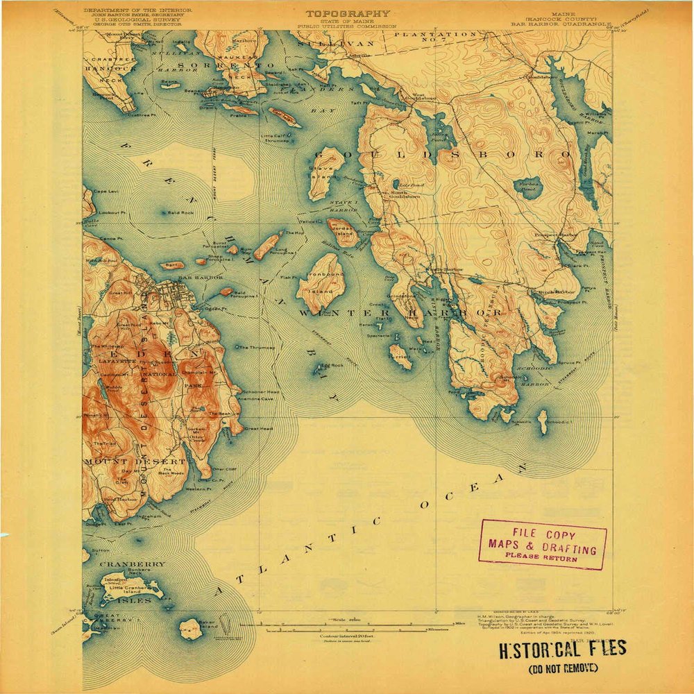 YellowMaps Bar Harbor ME topo map, 1:62500 Scale, 15 X 15 Minute, Historical, 1904, Updated 1920, 20.9 x 16.5 in - Polypropylene