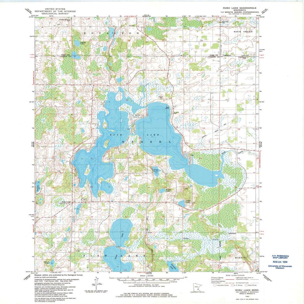 YellowMaps Rush Lake MN topo map, 1:24000 Scale, 7.5 X 7.5 Minute, Historical, 1983, Updated 1984, 27.23 x 21.53 in - Tyvek
