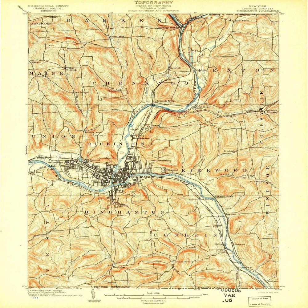 YellowMaps Binghamton NY topo map, 1:62500 Scale, 15 X 15 Minute, Historical, 1904, 19.76 x 16 in - Polypropylene