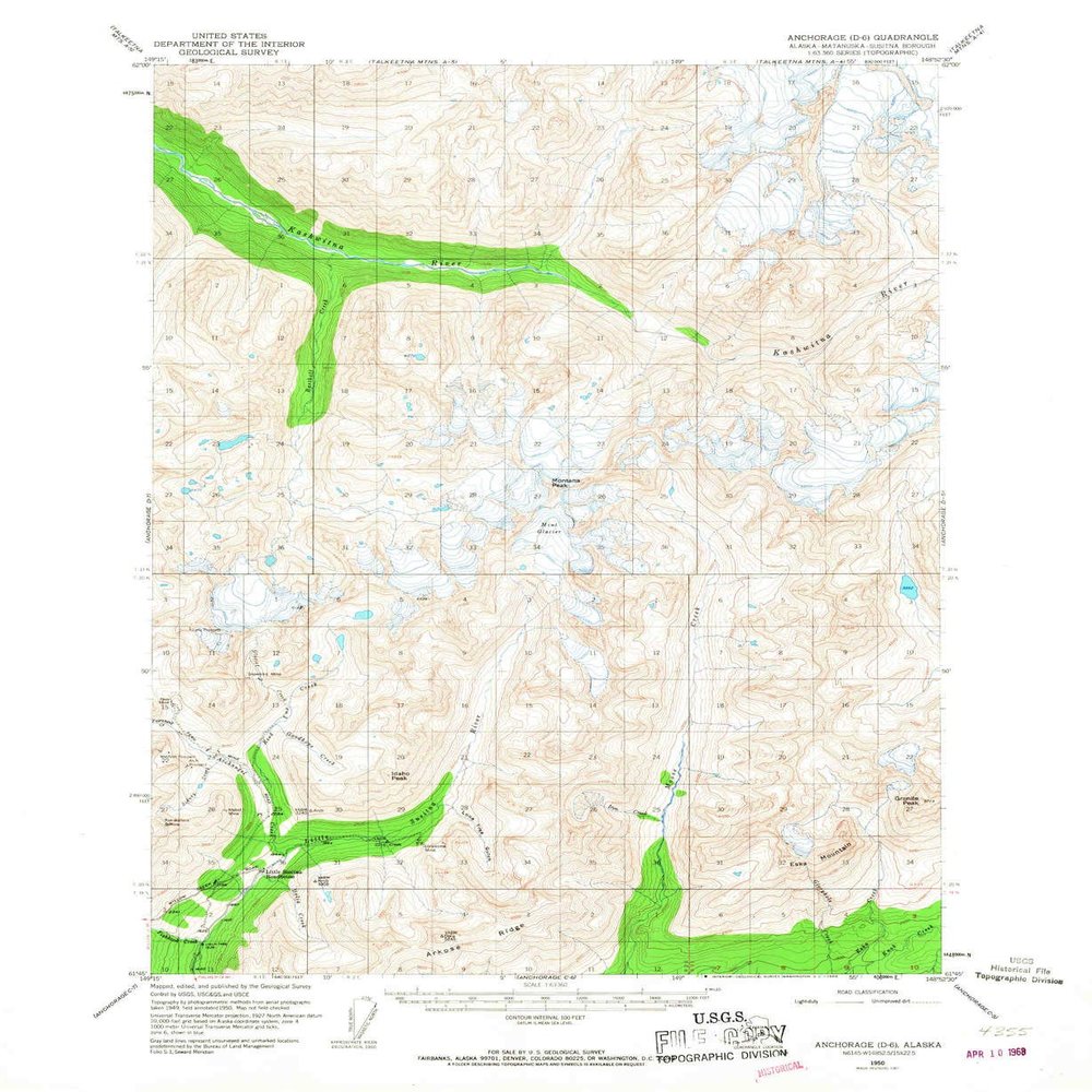 YellowMaps Anchorage D 6 AK topo map, 1:63360 Scale, 15 X 15 Minute, Historical, 1950, Updated 1968, 20.8 x 17 in - Tyvek