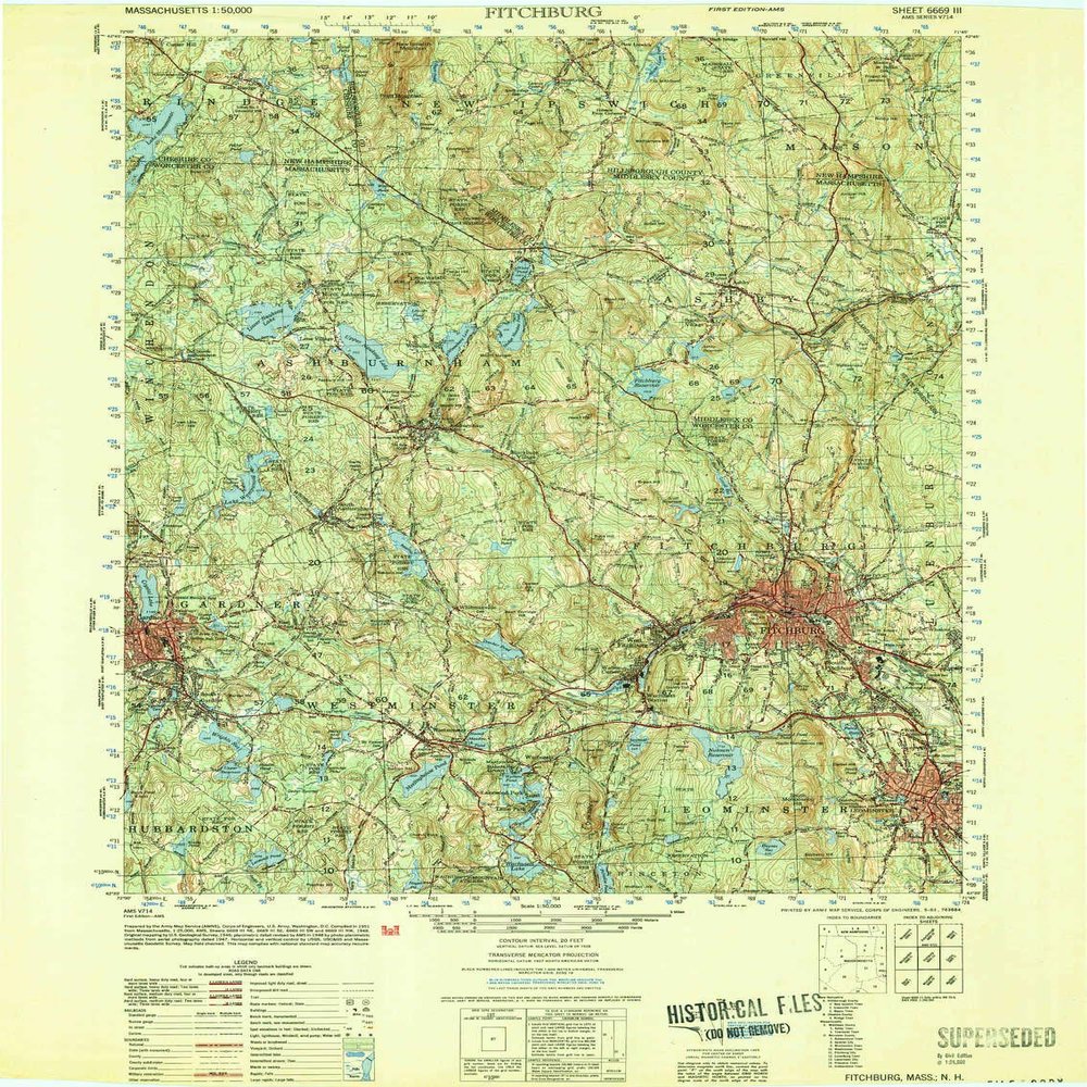 YellowMaps Fitchburg MA topo map, 1:50000 Scale, 15 X 15 Minute, Historical, 1953, Updated 1953, 27.7 x 21 in - Tyvek