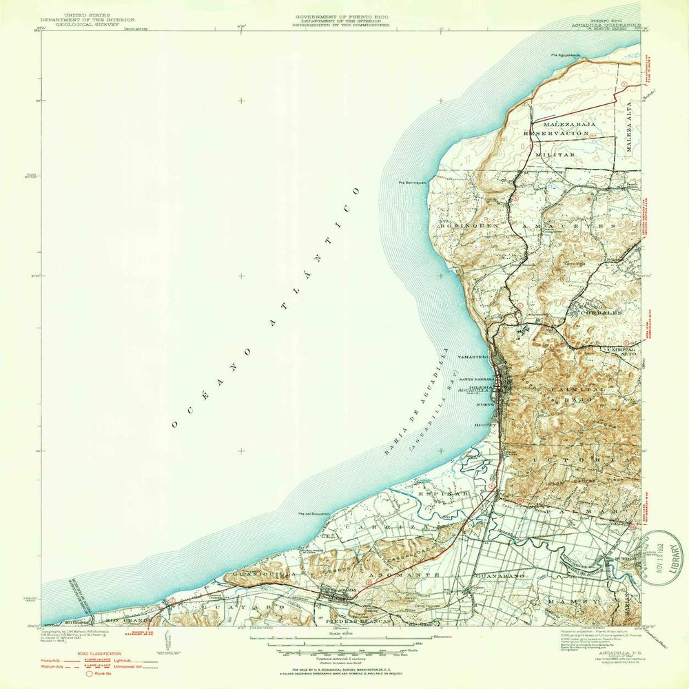 YellowMaps Aguadilla PR topo map, 1:30000 Scale, 7.5 X 7.5 Minute, Historical, 1942, Updated 1952, 23.8 x 19.9 in - Polypropylene