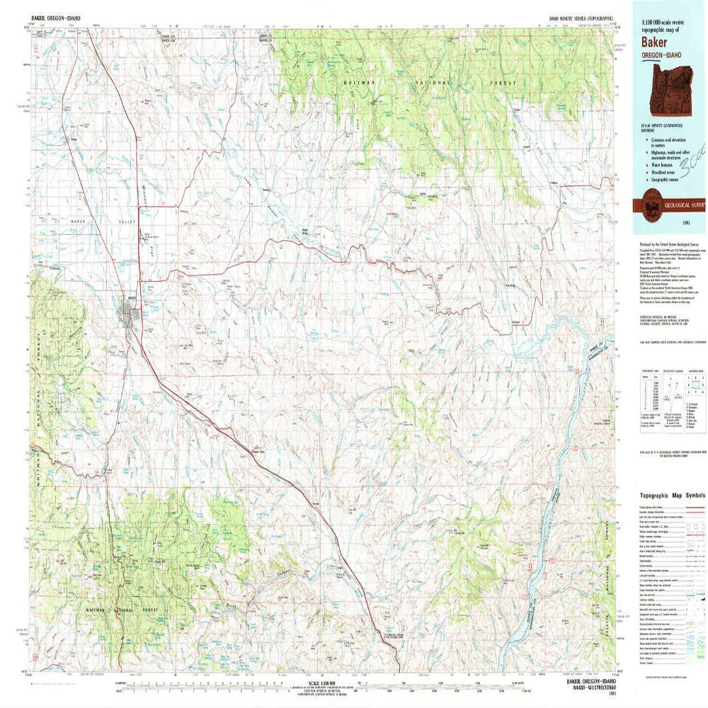 YellowMaps Baker OR topo map, 1:100000 Scale, 30 X 60 Minute, Historical, 1981, Updated 1981, 24.1 x 37.8 in - Polypropylene