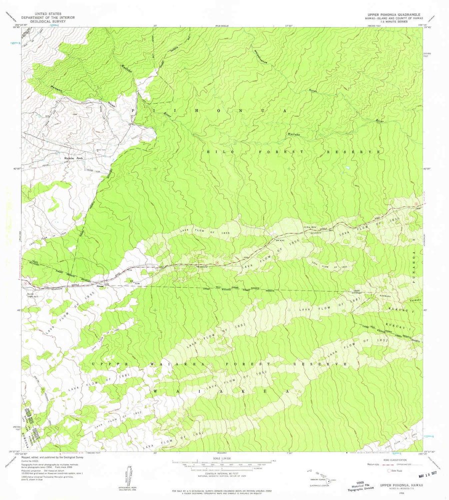 YellowMaps Upper Piihonua HI topo map, 1:24000 Scale, 7.5 X 7.5 Minute, Historical, 1956, Updated 1976, 26.7 x 24 in - Tyvek