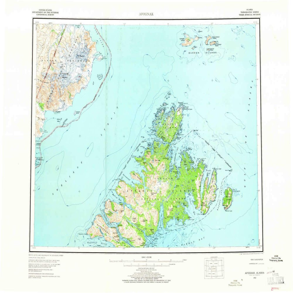 YellowMaps Afognak AK topo map, 1:250000 Scale, 1 X 2 Degree, Historical, 1952, Updated 1965, 23.1 x 30.4 in - Tyvek