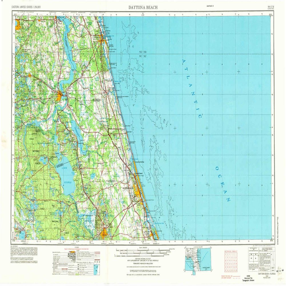 YellowMaps Daytona Beach FL topo map, 1:250000 Scale, 1 X 2 Degree, Historical, 1954, Updated 1974, 22.3 x 34.1 in - Tyvek