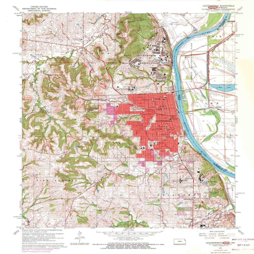 YellowMaps Leavenworth KS topo map, 1:24000 Scale, 7.5 X 7.5 Minute, Historical, 1961, Updated 1971, 27.03 x 21.09 in - Polypropylene
