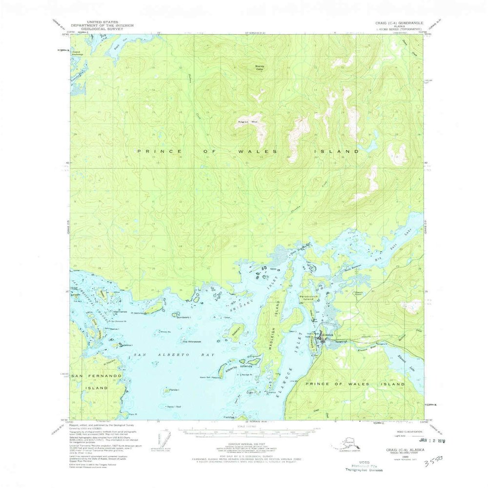 YellowMaps Craig C 4 AK topo map, 1:63360 Scale, 15 X 15 Minute, Historical, 1949, Updated 1978, 21.9 x 18 in - Tyvek