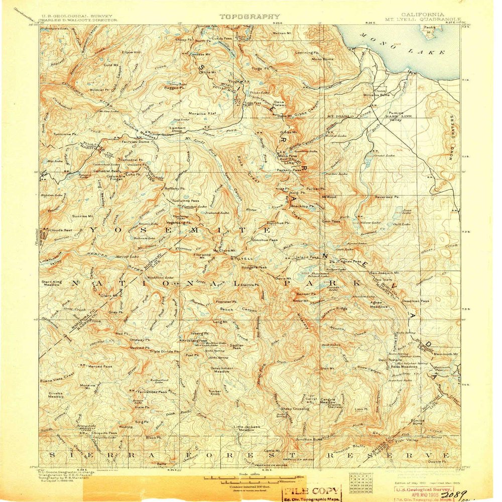 Mt Lyell CA topo map, 1:125000 Scale, 30 X 30 Minute, Historical, 1901, Updated 1905, 19.8 x 16.6 in - Tyvek