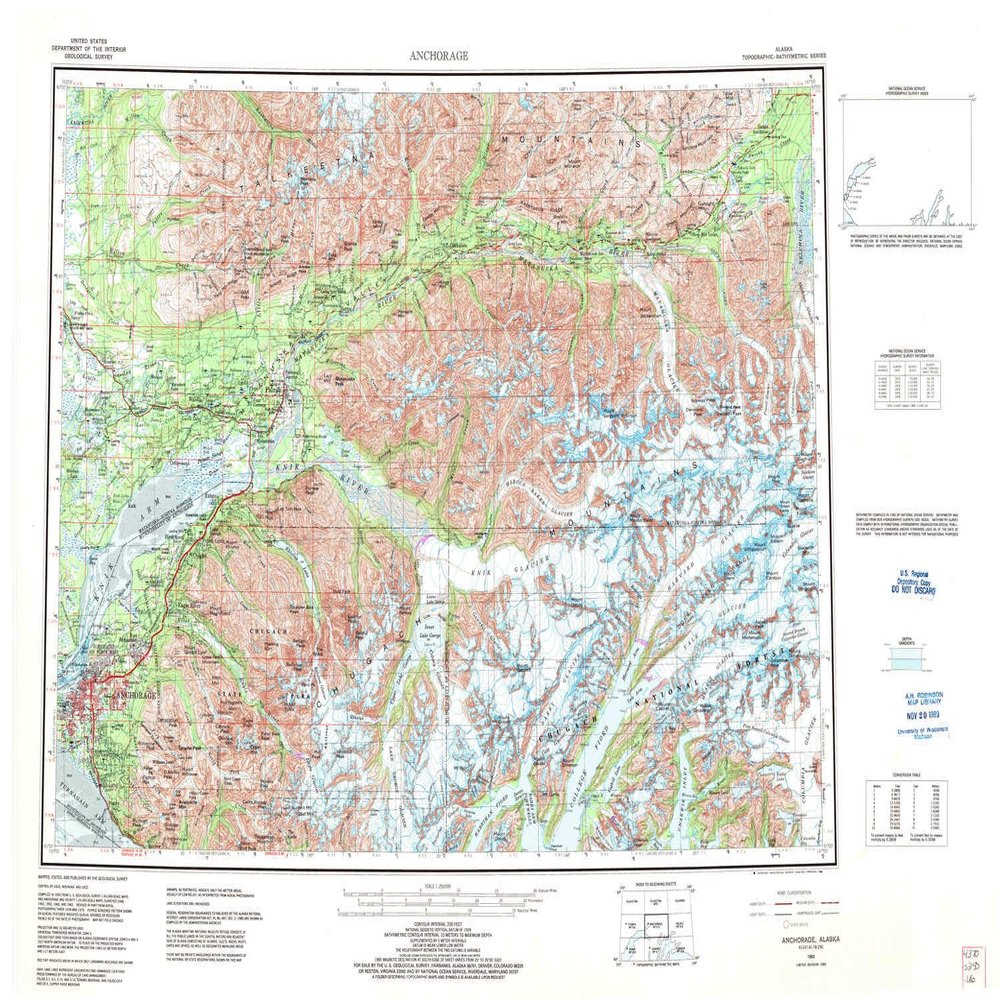 YellowMaps Anchorage AK topo map, 1:250000 Scale, 1 X 3 Degree, Historical, 1962, Updated 1986, 23.1 x 33.3 in - Tyvek