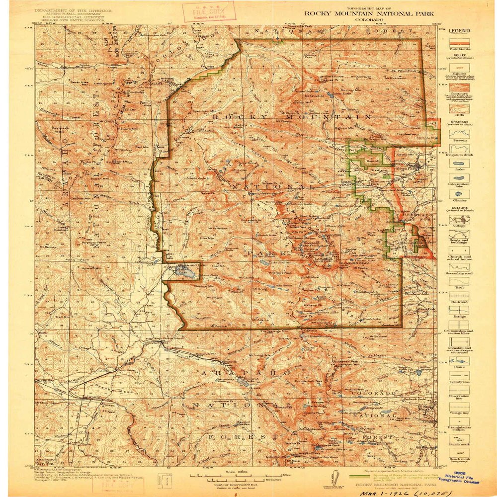 YellowMaps Rocky Mountain National Park CO topo map, 1:125000 Scale, 30 X 30 Minute, Historical, 1919, Updated 1922, 21.8 x 16.6 in - Tyvek