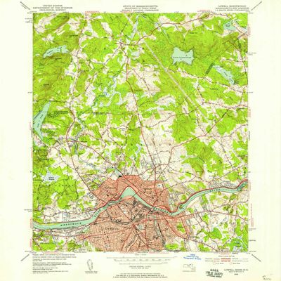 Lowell MA topo map, 1:24000 Scale, 7.5 X 7.5 Minute, Historical, 1950, Updated 1958, 26.9 x 22 in - Tyvek