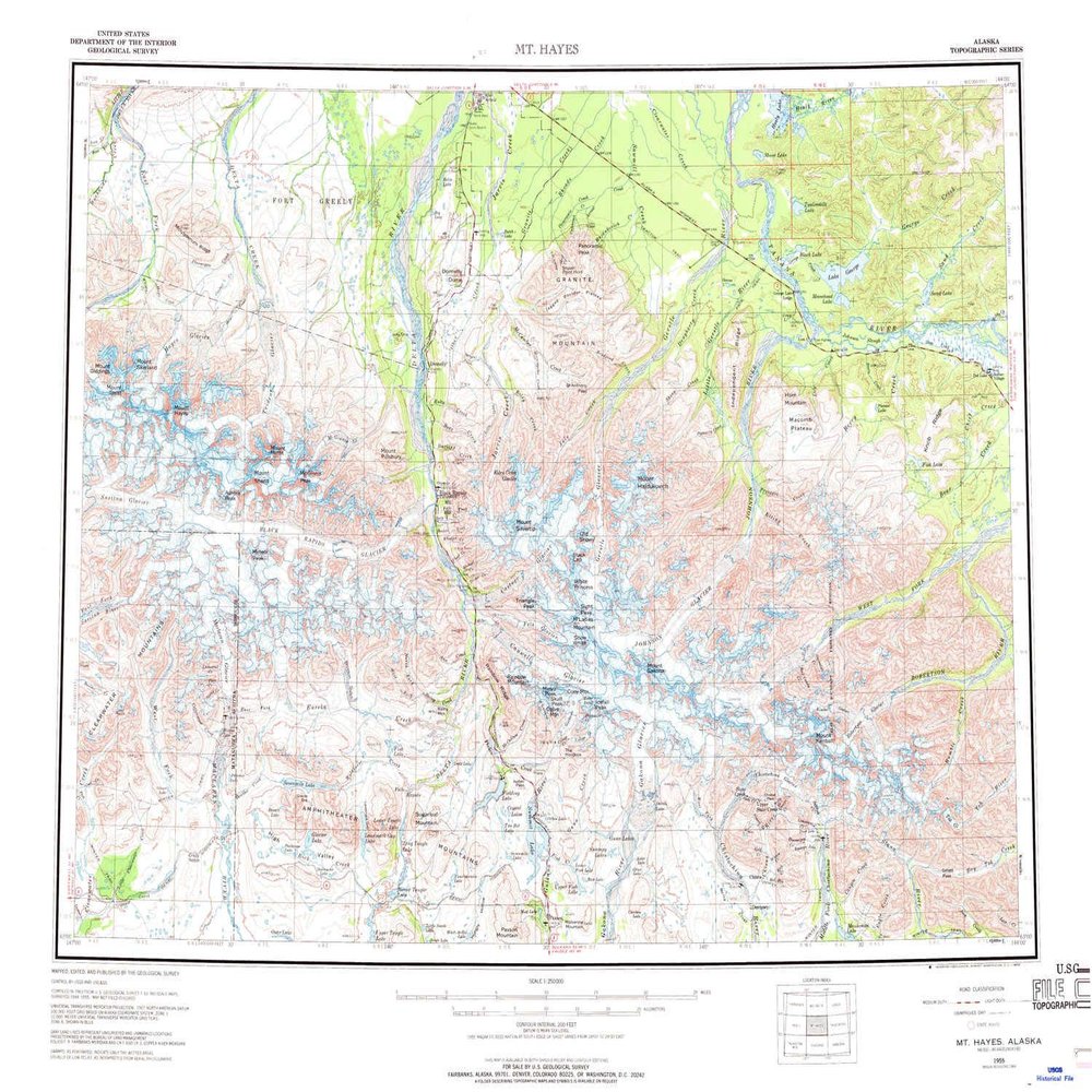 YellowMaps Mount Hayes AK topo map, 1:250000 Scale, 1 X 3 Degree, Historical, 1955, Updated 1970, 22.5 x 27.7 in - Tyvek