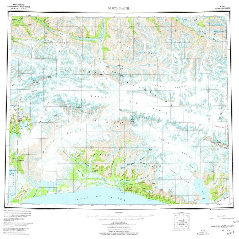 YellowMaps Bering Glacier AK topo map, 1:250000 Scale, 1 X 3 Degree, Historical, 1959, Updated 1977, 22.4 x 28.5 in - Polypropylene