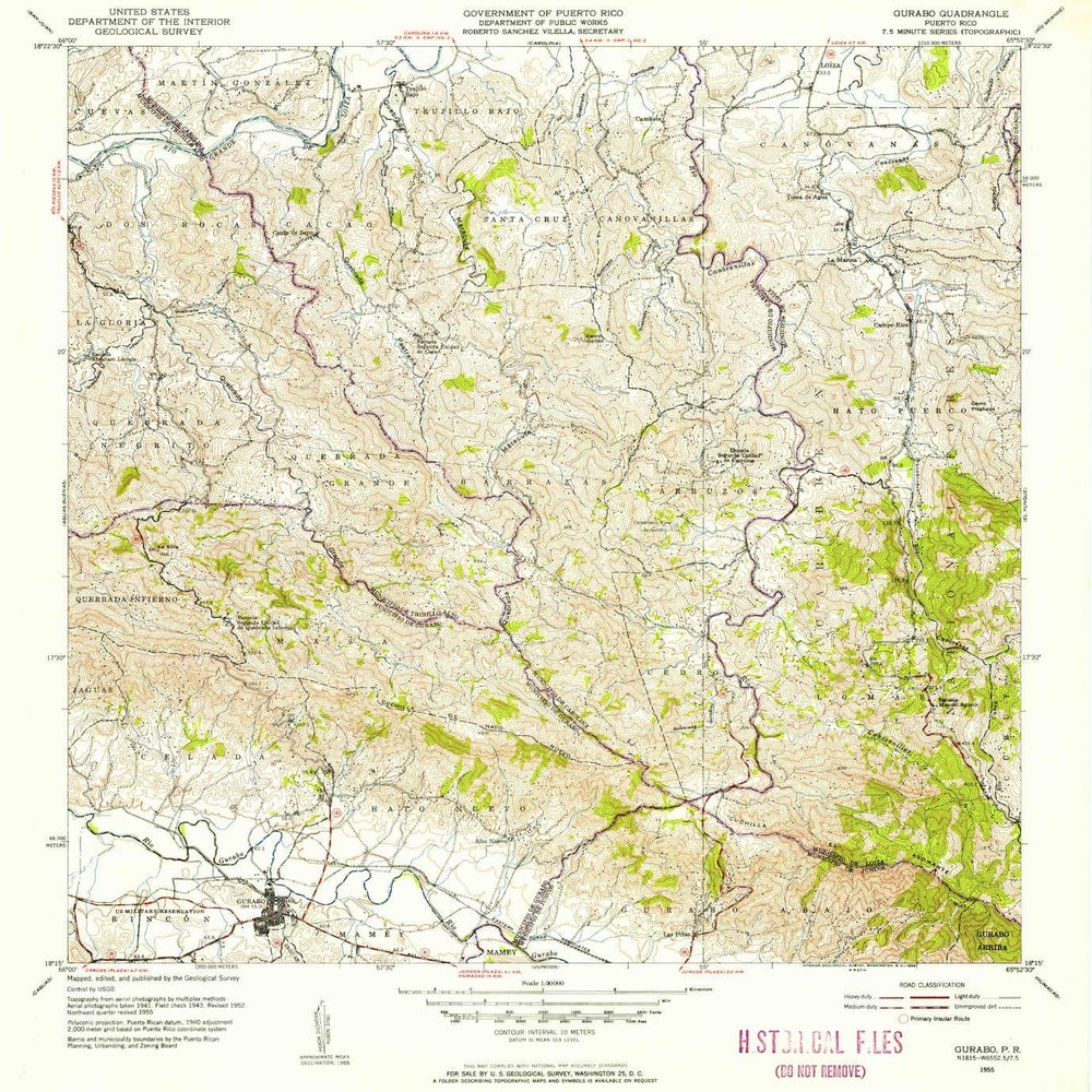YellowMaps Gurabo PR topo map, 1:30000 Scale, 7.5 X 7.5 Minute, Historical, 1955, Updated 1956, 21.6 x 19.9 in - Polypropylene