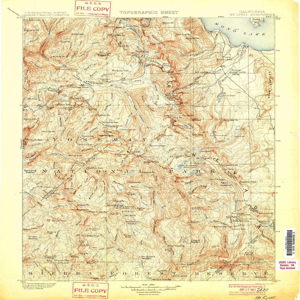Mt Lyell CA topo map, 1:125000 Scale, 30 X 30 Minute, Historical, 1901, Updated 1901, 19.9 x 16.5 in - Polypropylene