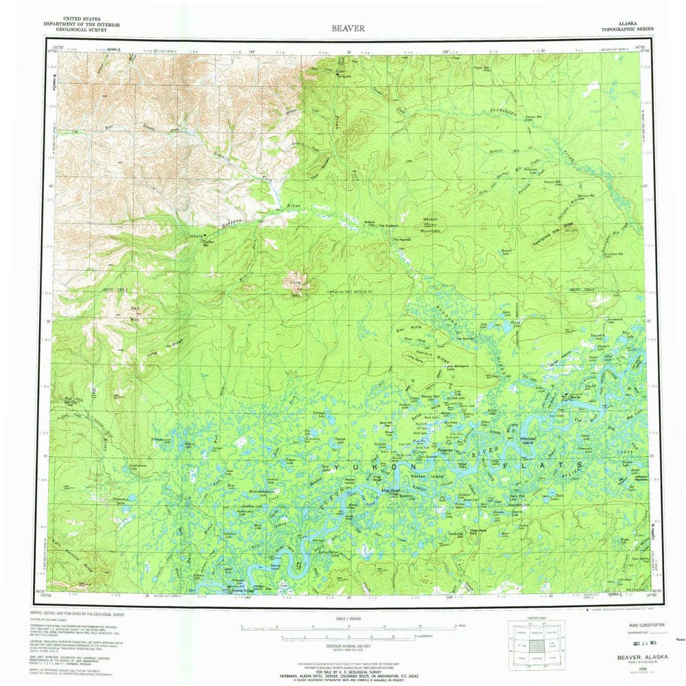 YellowMaps Beaver AK topo map, 1:250000 Scale, 1 X 3 Degree, Historical, 1956, Updated 1973, 22.3 x 24.3 in - Tyvek
