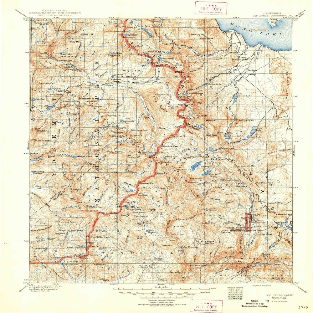 Mt Lyell CA topo map, 1:125000 Scale, 30 X 30 Minute, Historical, 1901, Updated 1948, 20.7 x 16.6 in - Polypropylene