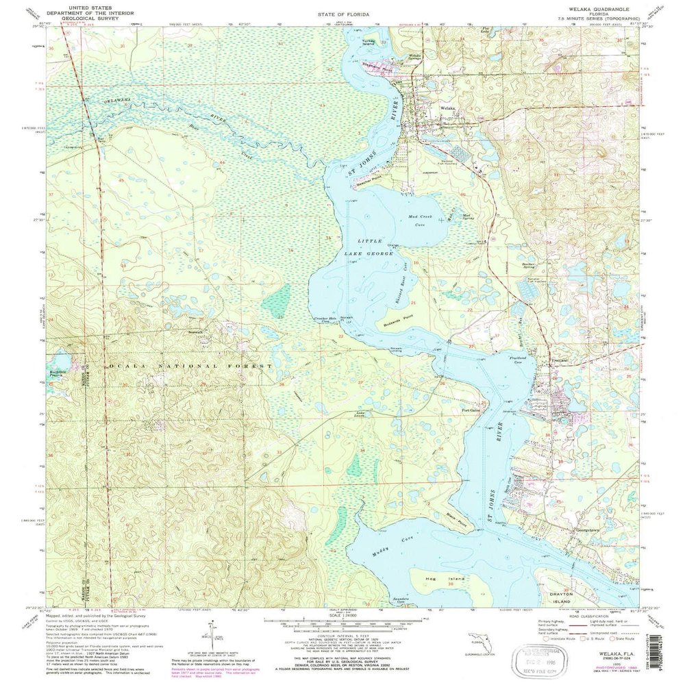 YellowMaps Welaka FL topo map, 1:24000 Scale, 7.5 X 7.5 Minute, Historical, 1970, Updated 1986, 26.8 x 23 in - Polypropylene