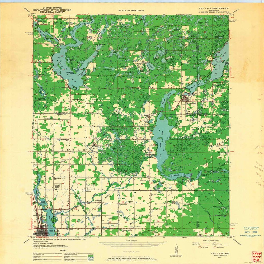 YellowMaps Rice Lake WI topo map, 1:48000 Scale, 15 X 15 Minute, Historical, 1949, Updated 1961, 27.19 x 21.54 in - Tyvek