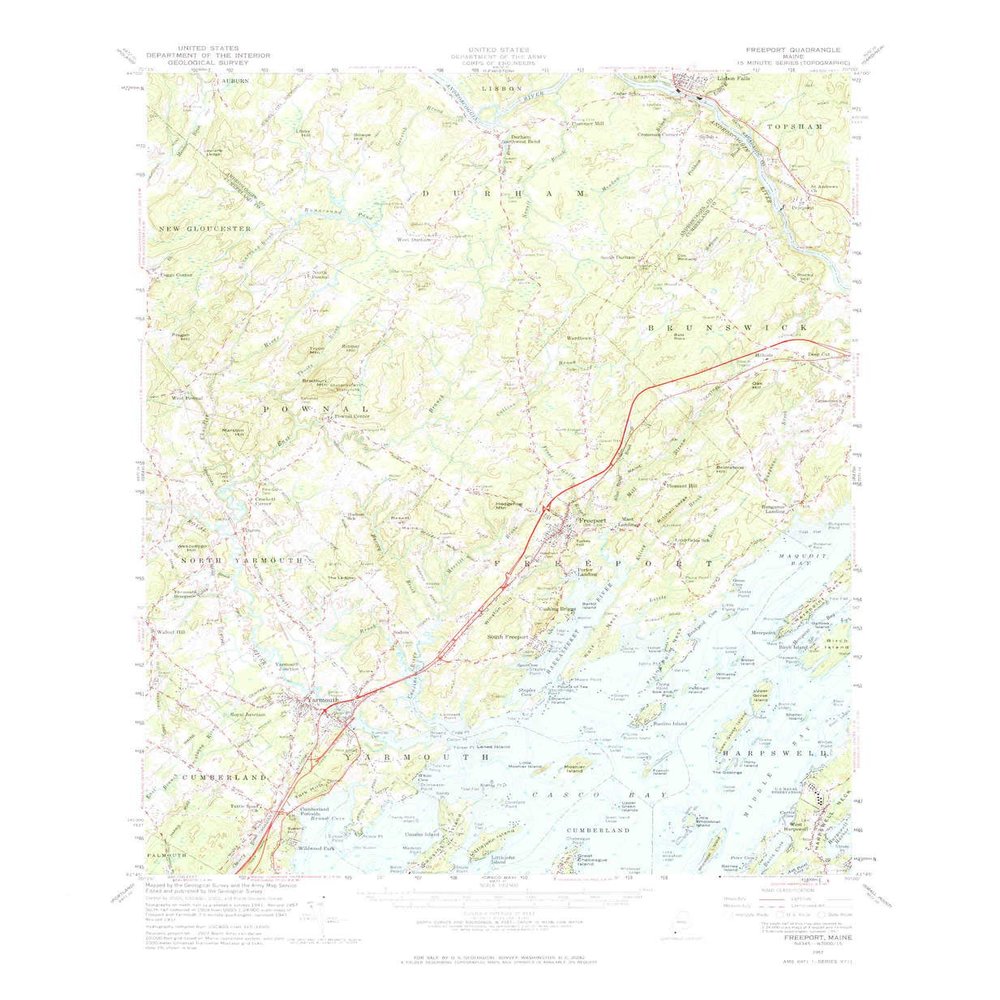 YellowMaps Freeport ME topo map, 1:62500 Scale, 15 X 15 Minute, Historical, 1957, Updated 1965, 21.8 x 18 in - Polypropylene