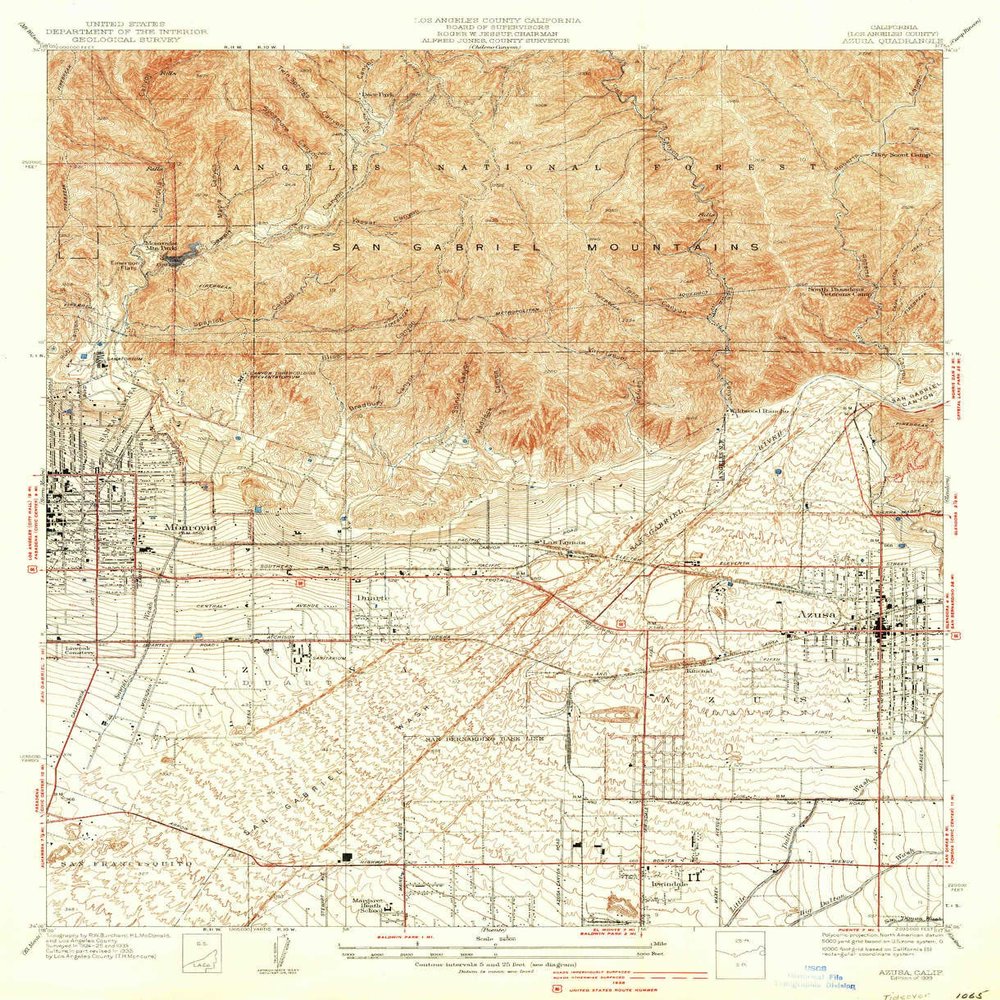 YellowMaps Azusa CA topo map, 1:24000 Scale, 7.5 X 7.5 Minute, Historical, 1939, 20.8 x 16.9 in - Tyvek