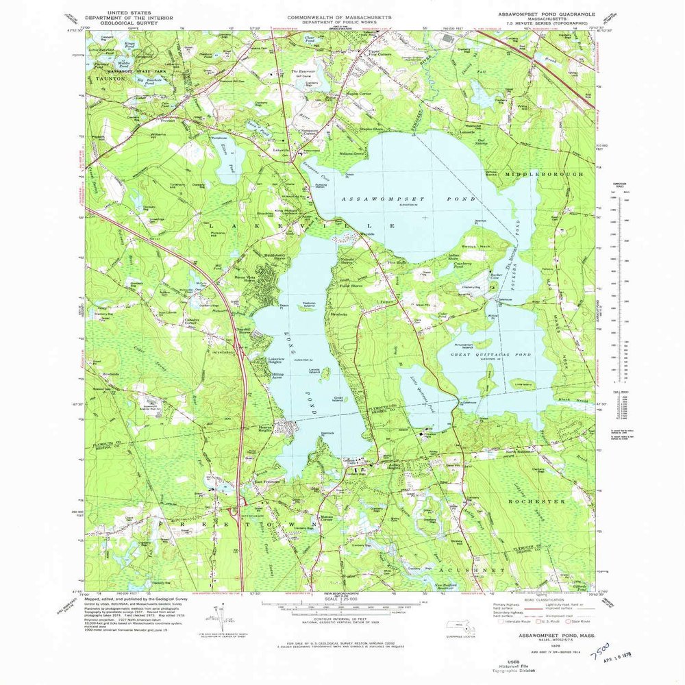 YellowMaps Assawompset Pond MA topo map, 1:25000 Scale, 7.5 X 7.5 Minute, Historical, 1978, Updated 1979, 26.7 x 22 in - Tyvek