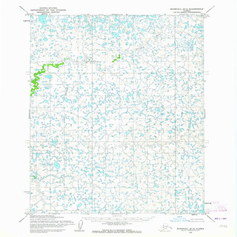 YellowMaps Marshall B 3 AK topo map, 1:63360 Scale, 15 X 15 Minute, Historical, 1954, Updated 1964, 20.7 x 17 in - Polypropylene