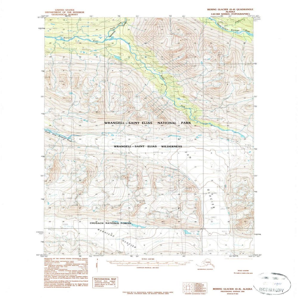 YellowMaps Bering Glacier D 8 AK topo map, 1:63360 Scale, 15 X 15 Minute, Historical, 1984, Updated 1984, 21.7 x 18 in - Tyvek