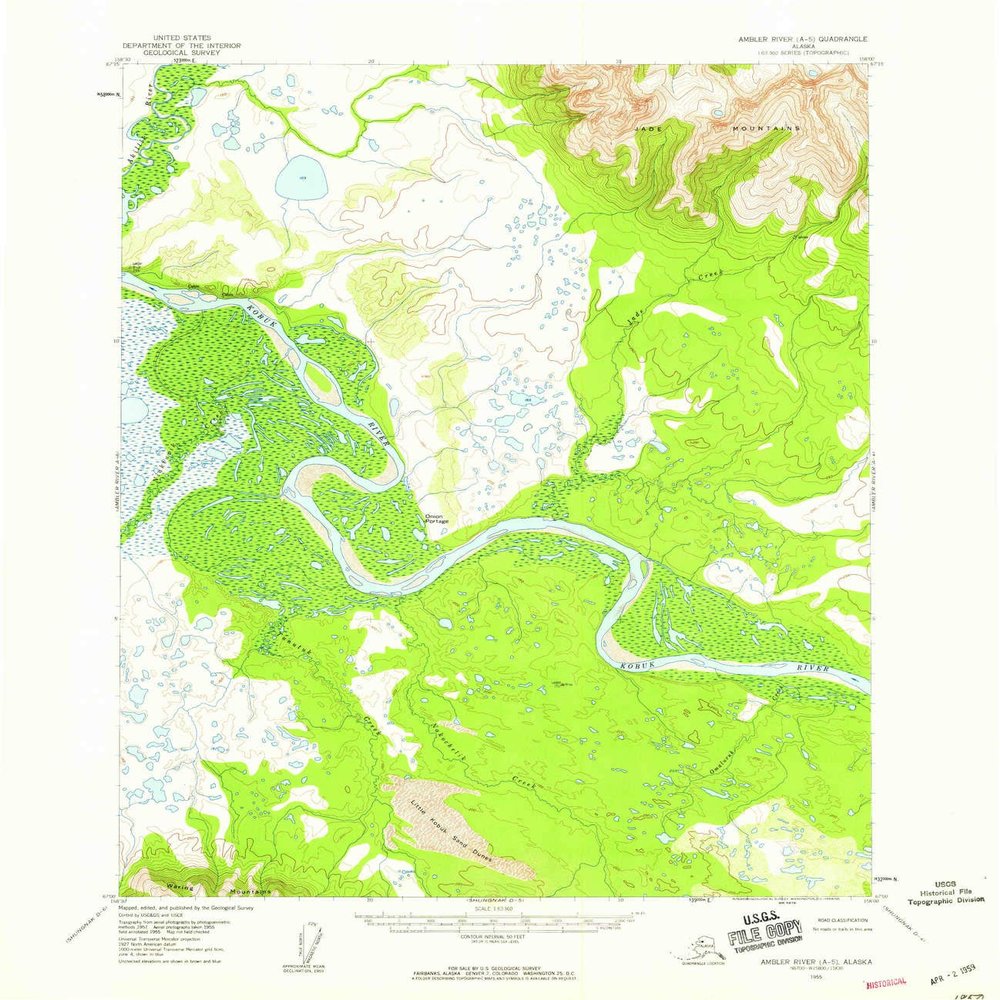 YellowMaps Ambler River A 5 AK topo map, 1:63360 Scale, 15 X 15 Minute, Historical, 1955, Updated 1959, 20.8 x 18 in - Tyvek