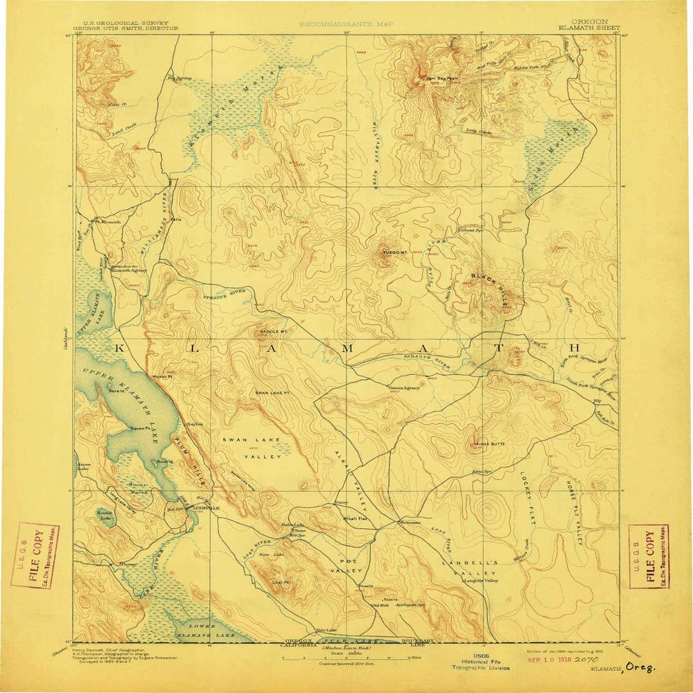YellowMaps Klamath OR topo map, 1:250000 Scale, 1 X 1 Degree, Historical, 1894, Updated 1910, 19.9 x 16.5 in - Polypropylene