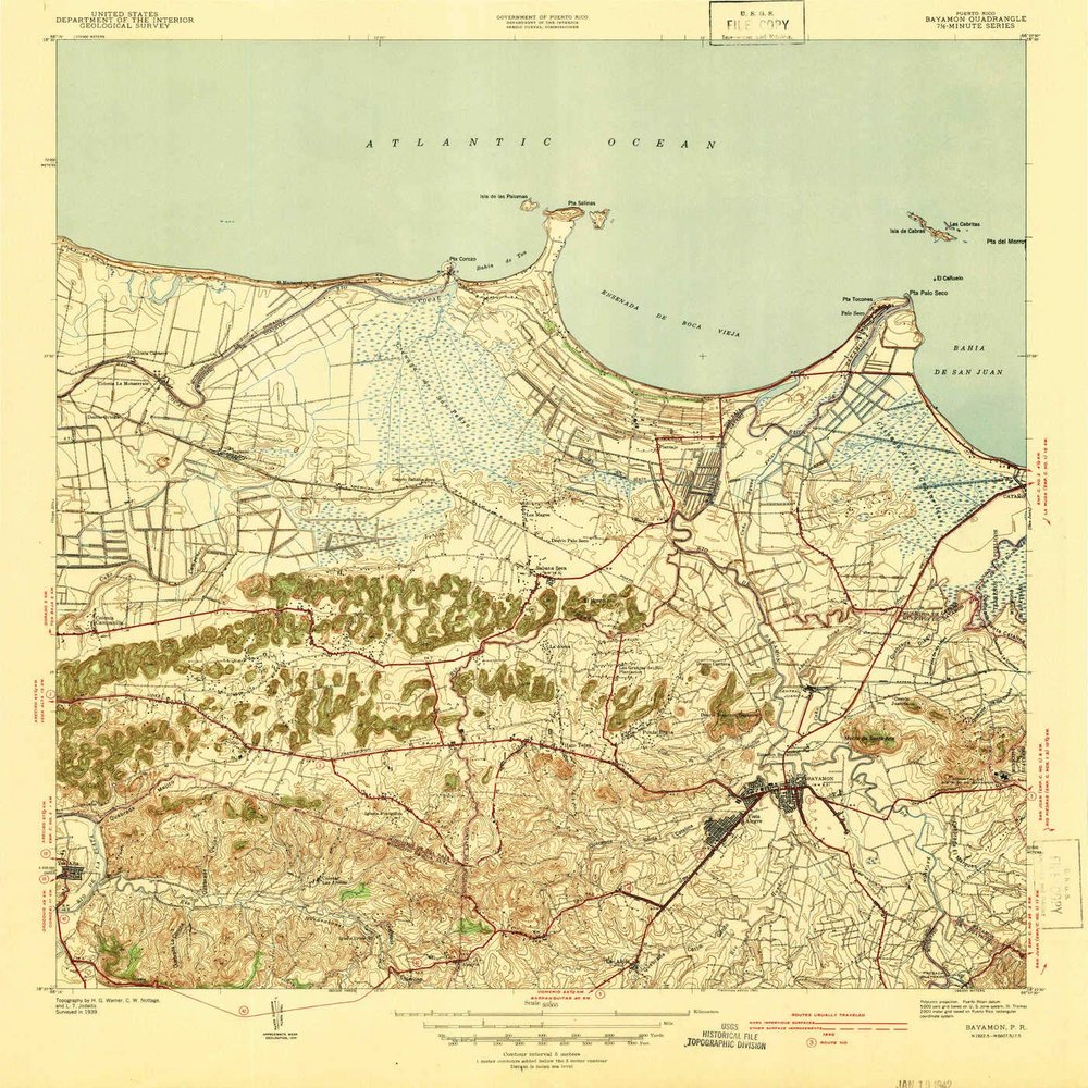 YellowMaps Bayamon PR topo map, 1:30000 Scale, 7.5 X 7.5 Minute, Historical, 1941, 20.8 x 19.4 in - Tyvek