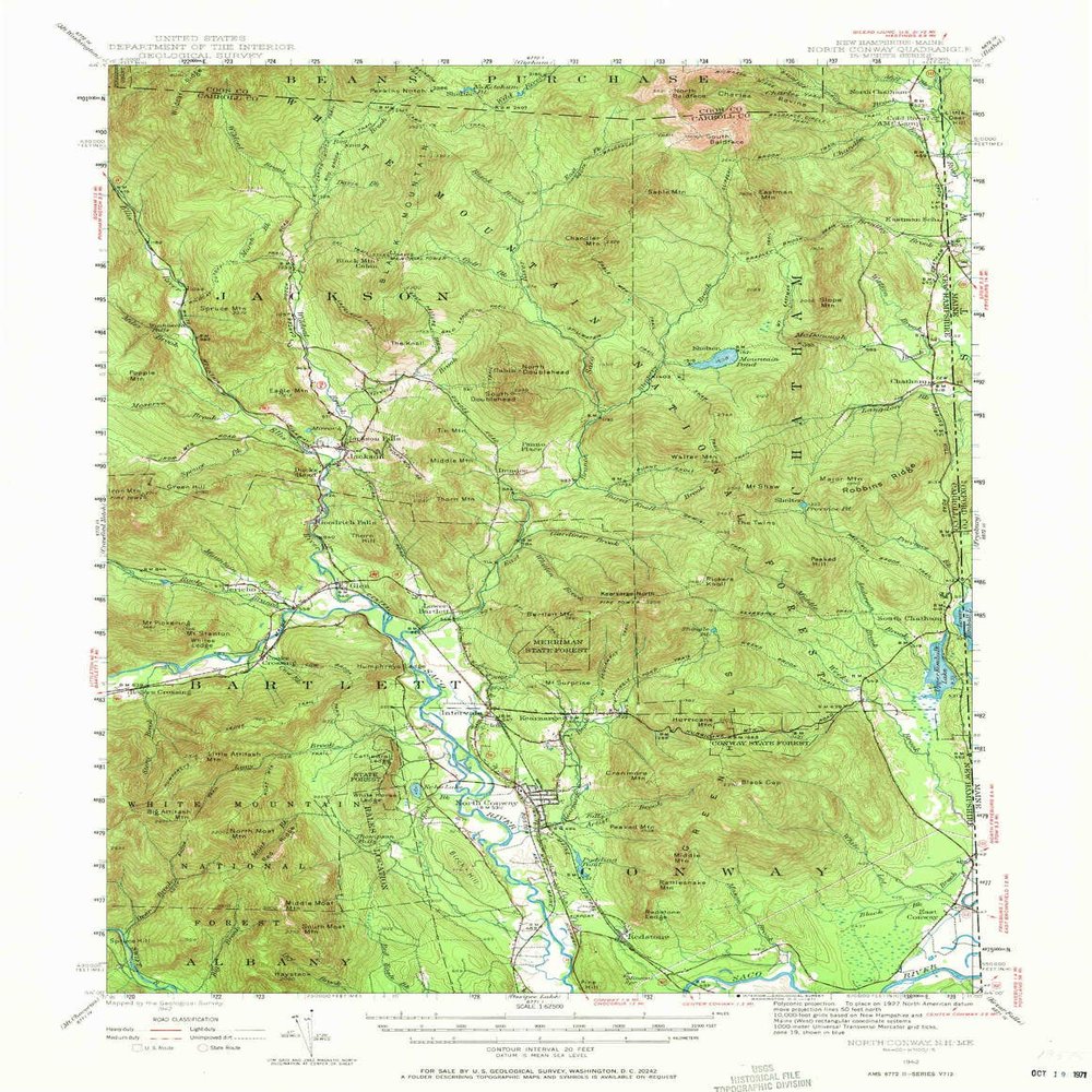 YellowMaps North Conway NH topo map, 1:62500 Scale, 15 X 15 Minute, Historical, 1942, Updated 1971, 20.6 x 15.9 in - Tyvek