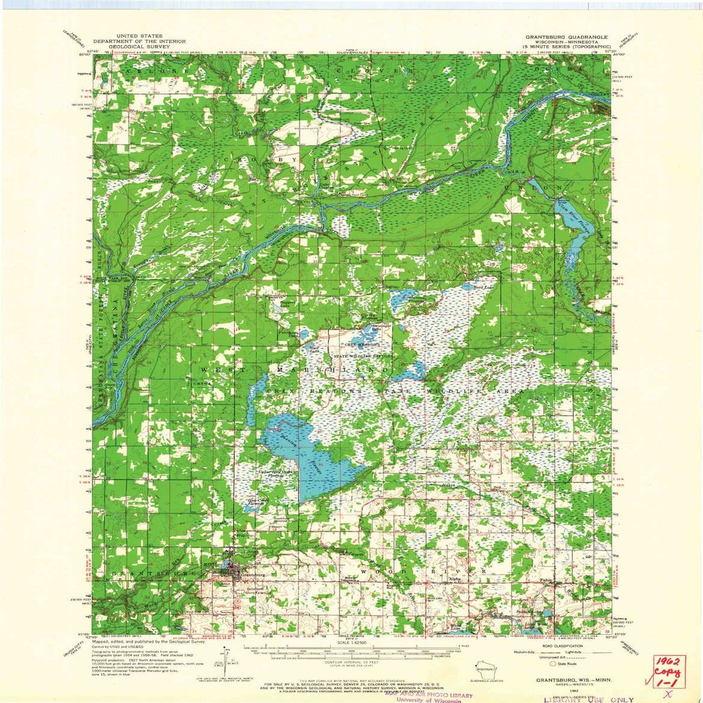 YellowMaps Grantsburg WI topo map, 1:62500 Scale, 15 X 15 Minute, Historical, 1962, Updated 1964, 21.21 x 16.56 in - Polypropylene