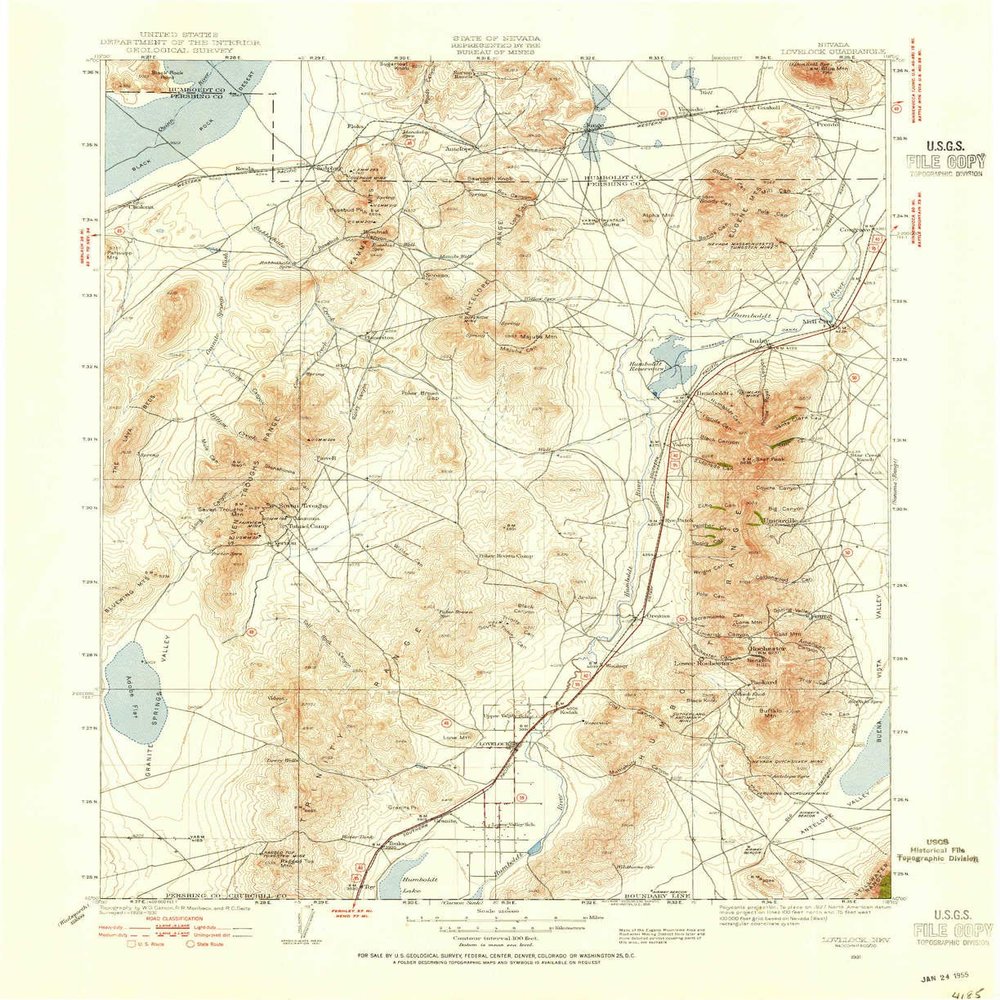 YellowMaps Lovelock NV topo map, 1:250000 Scale, 1 X 1 Degree, Historical, 1931, Updated 1955, 20.9 x 17 in - Polypropylene