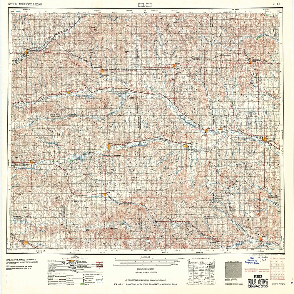 YellowMaps Beloit KS topo map, 1:250000 Scale, 1 X 2 Degree, Historical, 1959, Updated 1959, 21.83 x 29.65 in - Polypropylene