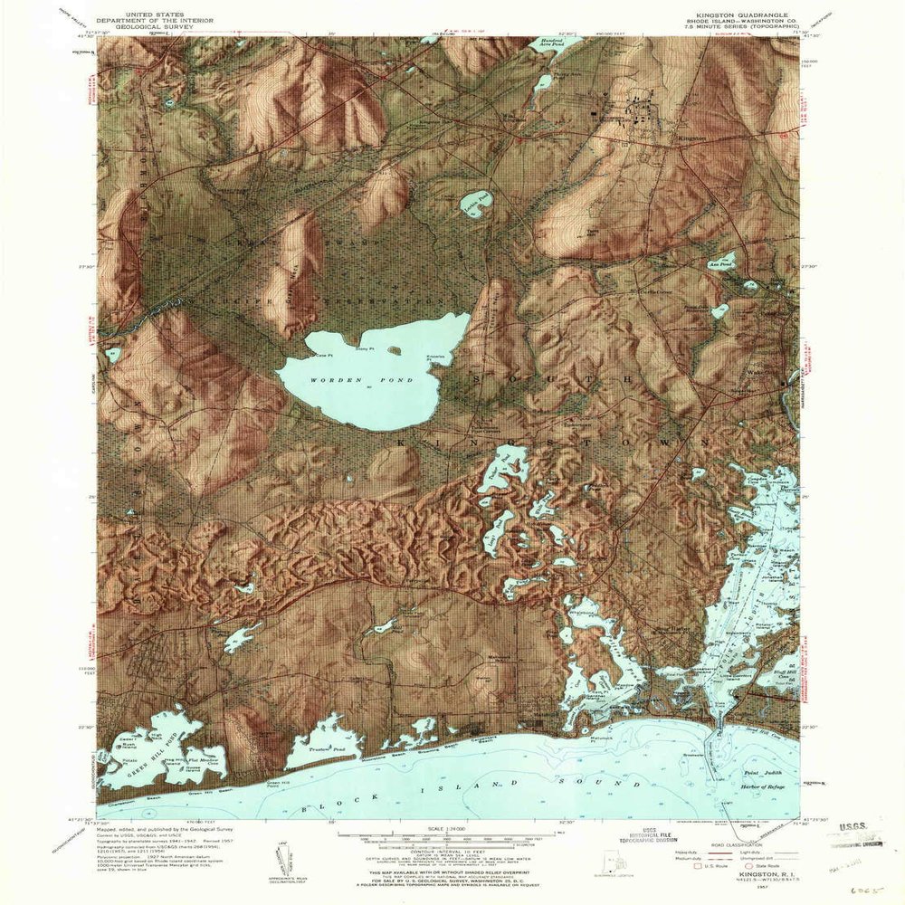 YellowMaps Kingston RI topo map, 1:24000 Scale, 7.5 X 7.5 Minute, Historical, 1957, Updated 1961, 29.8 x 22.1 in - Polypropylene
