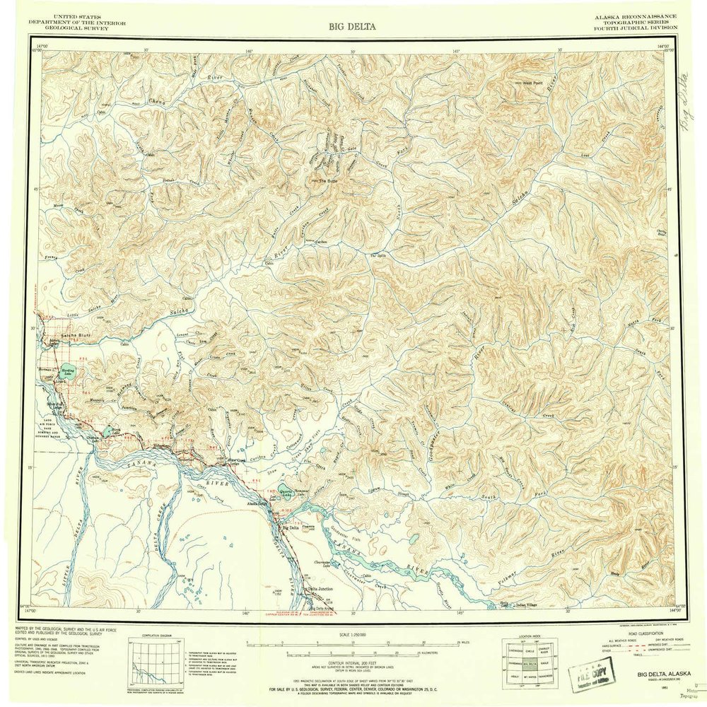 YellowMaps Big Delta AK topo map, 1:250000 Scale, 1 X 3 Degree, Historical, 1951, Updated 1954, 22.3 x 25.4 in - Polypropylene