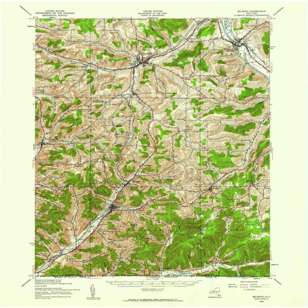 YellowMaps Belmont NY topo map, 1:62500 Scale, 15 X 15 Minute, Historical, 1939, Updated 1961, 21 x 17.1 in - Polypropylene