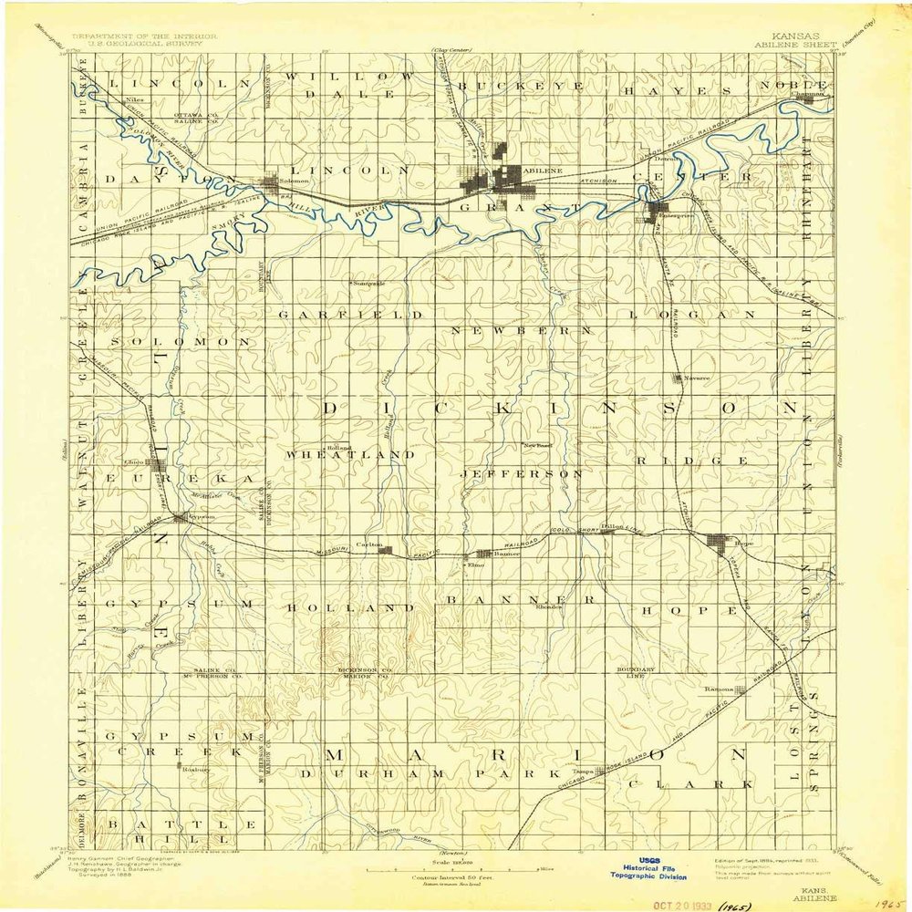YellowMaps Abilene KS topo map, 1:125000 Scale, 30 X 30 Minute, Historical, 1894, Updated 1933, 20.01 x 16.31 in - Polypropylene