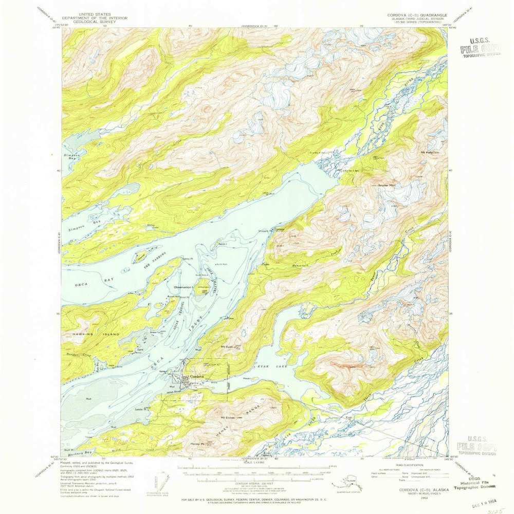 YellowMaps Cordova C 5 AK topo map, 1:63360 Scale, 15 X 15 Minute, Historical, 1953, Updated 1954, 20.7 x 17 in - Polypropylene