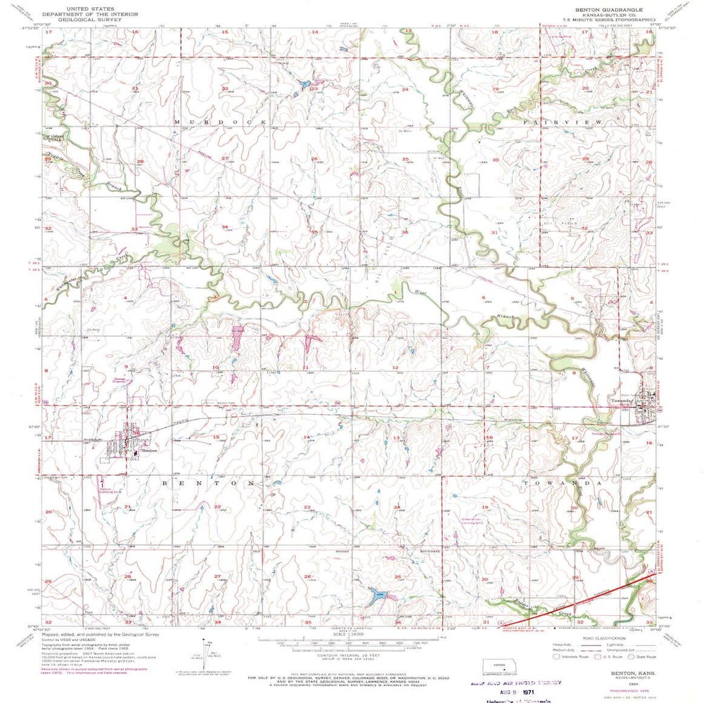 YellowMaps Benton KS topo map, 1:24000 Scale, 7.5 X 7.5 Minute, Historical, 1955, Updated 1971, 26.74 x 20.67 in - Polypropylene