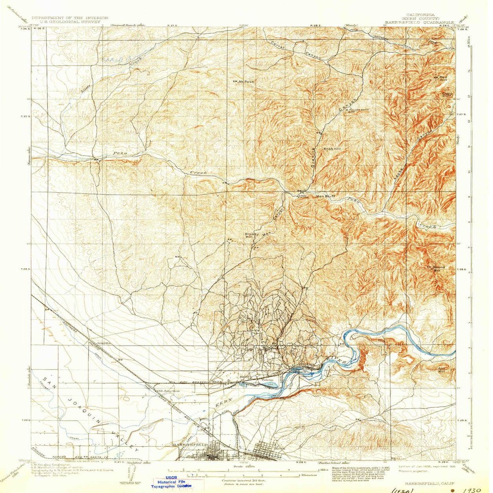 YellowMaps Bakersfield CA topo map, 1:62500 Scale, 15 X 15 Minute, Historical, 1906, Updated 1936, 19.9 x 16.6 in - Polypropylene
