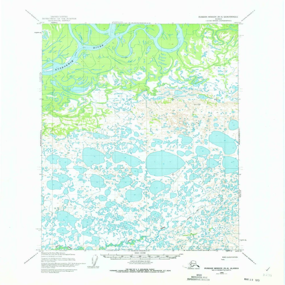 YellowMaps Russian Mission B 4 AK topo map, 1:63360 Scale, 15 X 15 Minute, Historical, 1954, Updated 1973, 21.8 x 18.1 in - Tyvek
