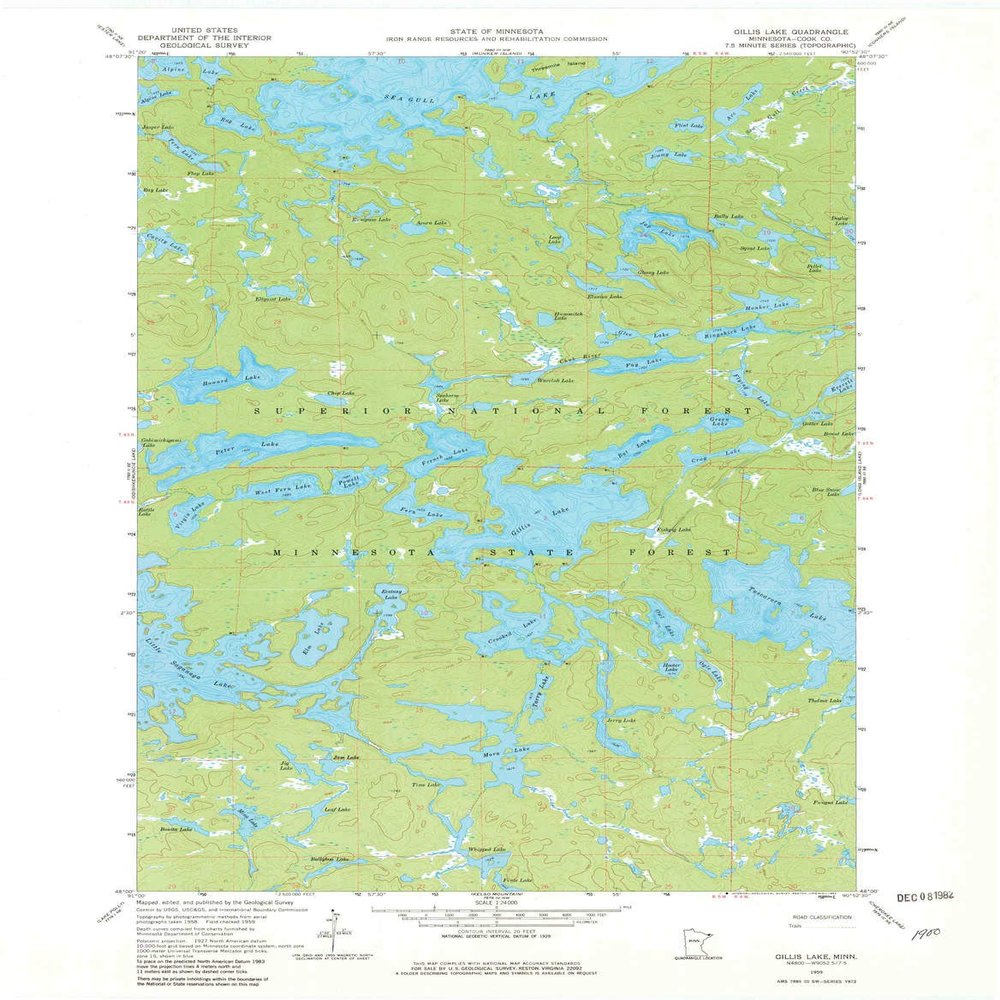 Gillis Lake MN topo map, 1:24000 Scale, 7.5 X 7.5 Minute, Historical, 1959, Updated 1982, 27.23 x 21.53 in - Polypropylene