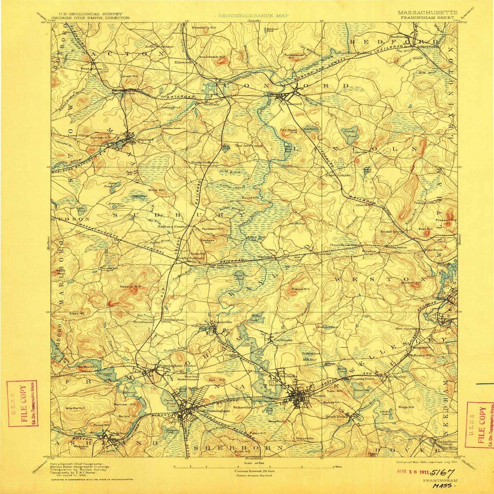 YellowMaps Framingham MA topo map, 1:62500 Scale, 15 X 15 Minute, Historical, 1894, Updated 1911, 19.9 x 15.8 in - Tyvek