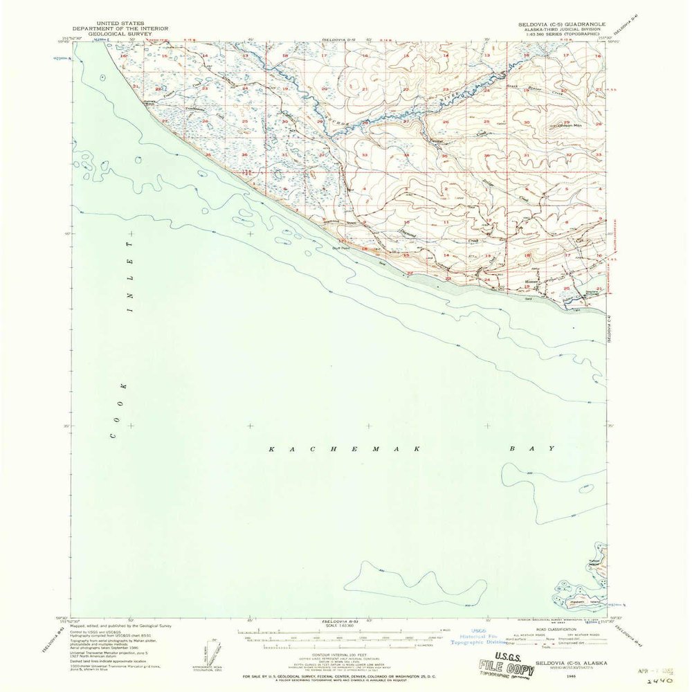 Seldovia C 5 AK topo map, 1:63360 Scale, 15 X 15 Minute, Historical, 1946, Updated 1958, 20.8 x 17 in - Tyvek